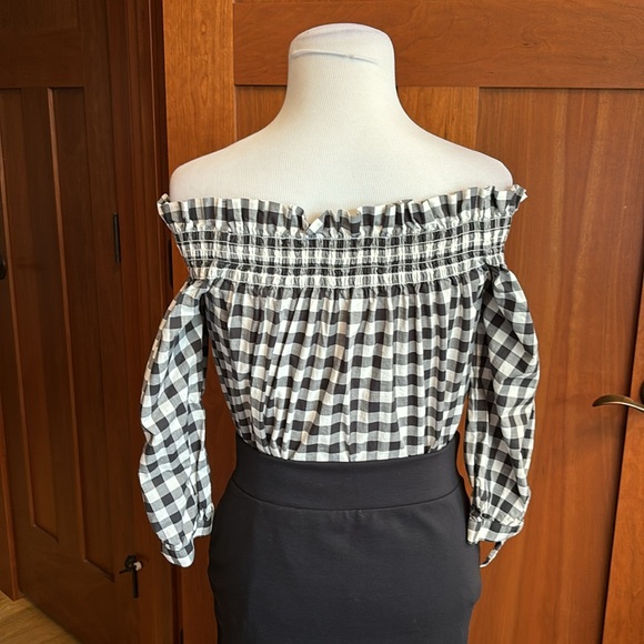 kate spade Tops - Kate Spade Gingham/Checked Black and White Off Shoulder Top XXS 3/4 Tie Sleeves